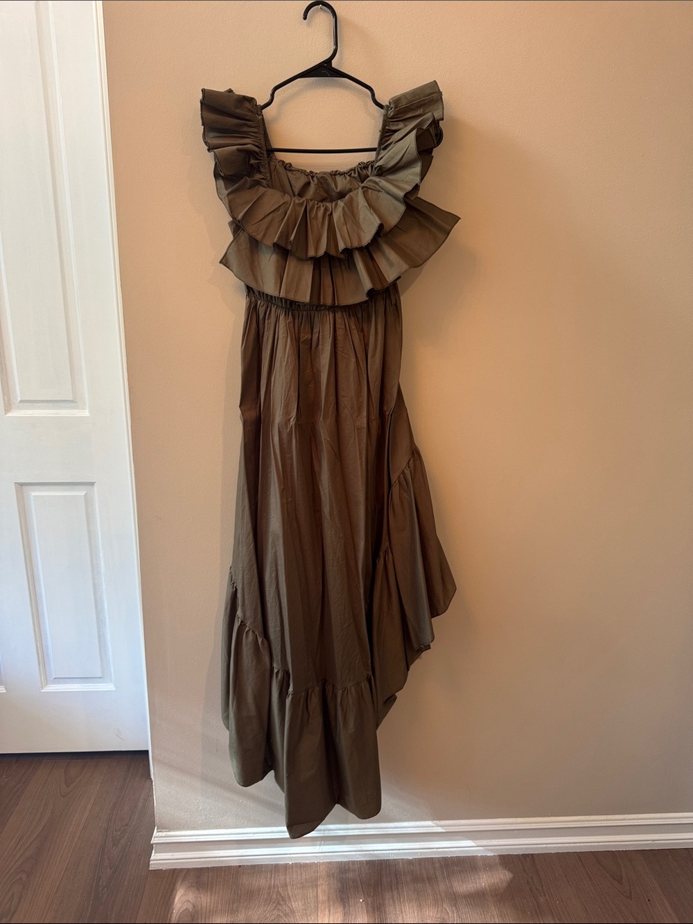 High-Low Ruffled Maxi Dress in Olive Brown